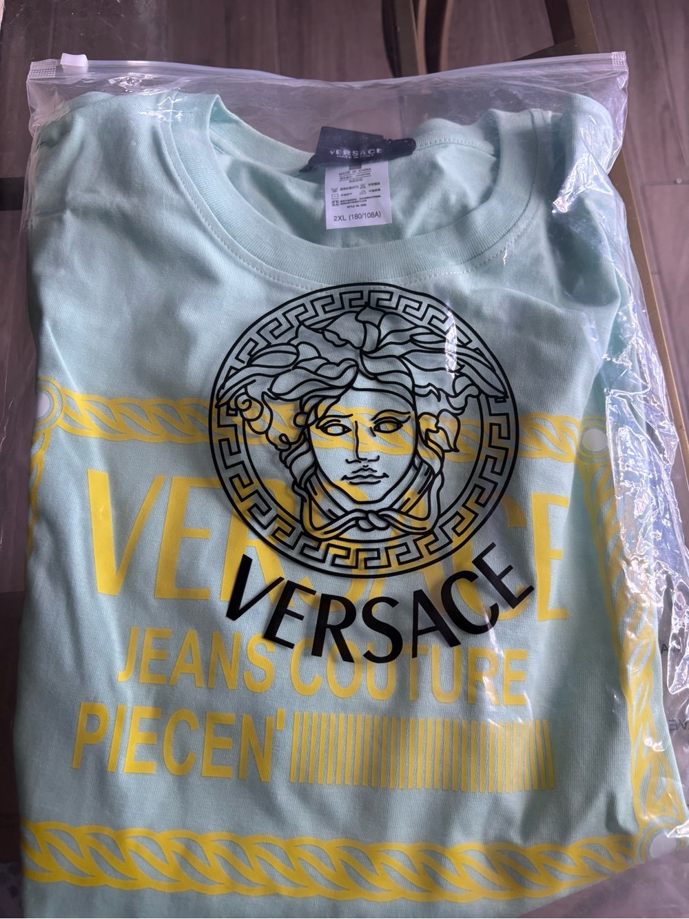 Source Unknown Mint Green Versace Tee with Yellow and Black Logo